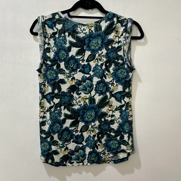 LOFT WOMEN 100% LINEN BLOUSE BLUE FLORAL SLEEVELESS SIZE SMALL - Picture 2 of 10
